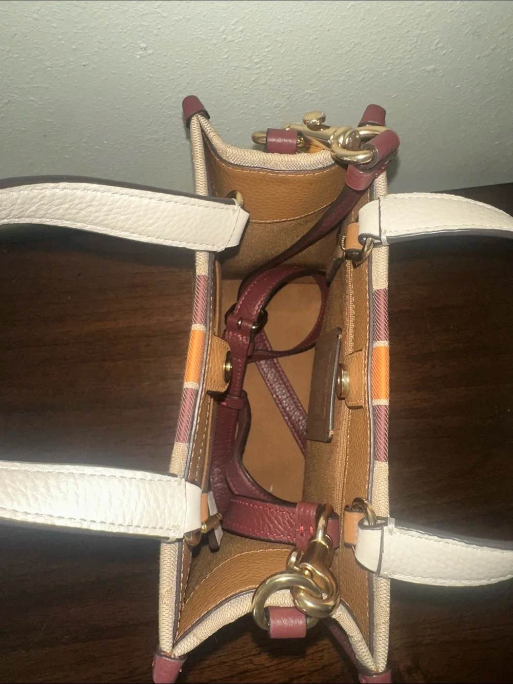 Coach Small Signature Tote with Burgundy & Orange Stripe Accents